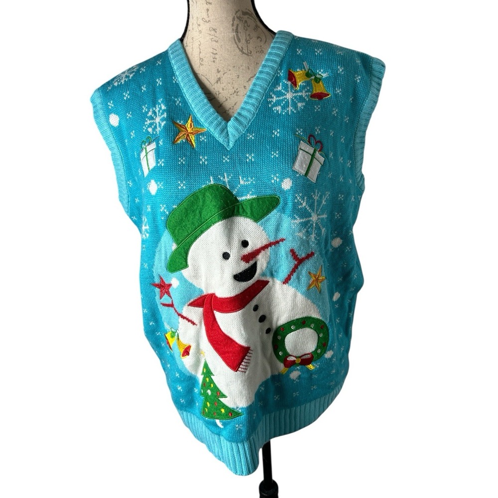 Womens Christmas Ugly Sweater Vest blue With Snowman and presents, Size XLarge